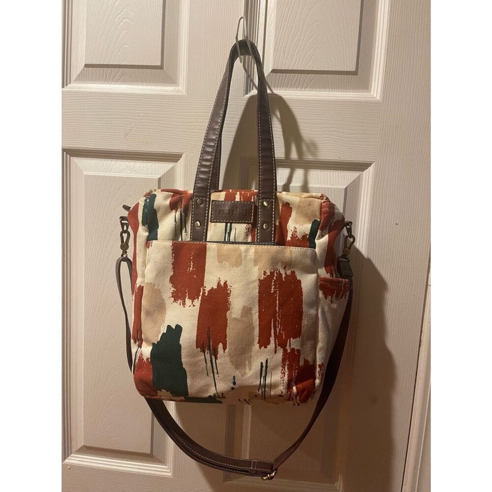 Maika Cream Canvas Rust &Green Brushstroke Print Tote shoulder bag Brown straps